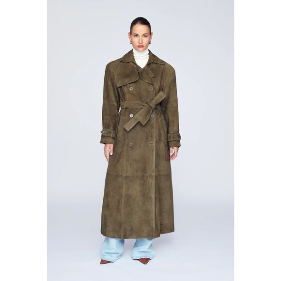 DUCIE London Corrin Suede Trench Coat in Forest Green - Picture 3 of 7